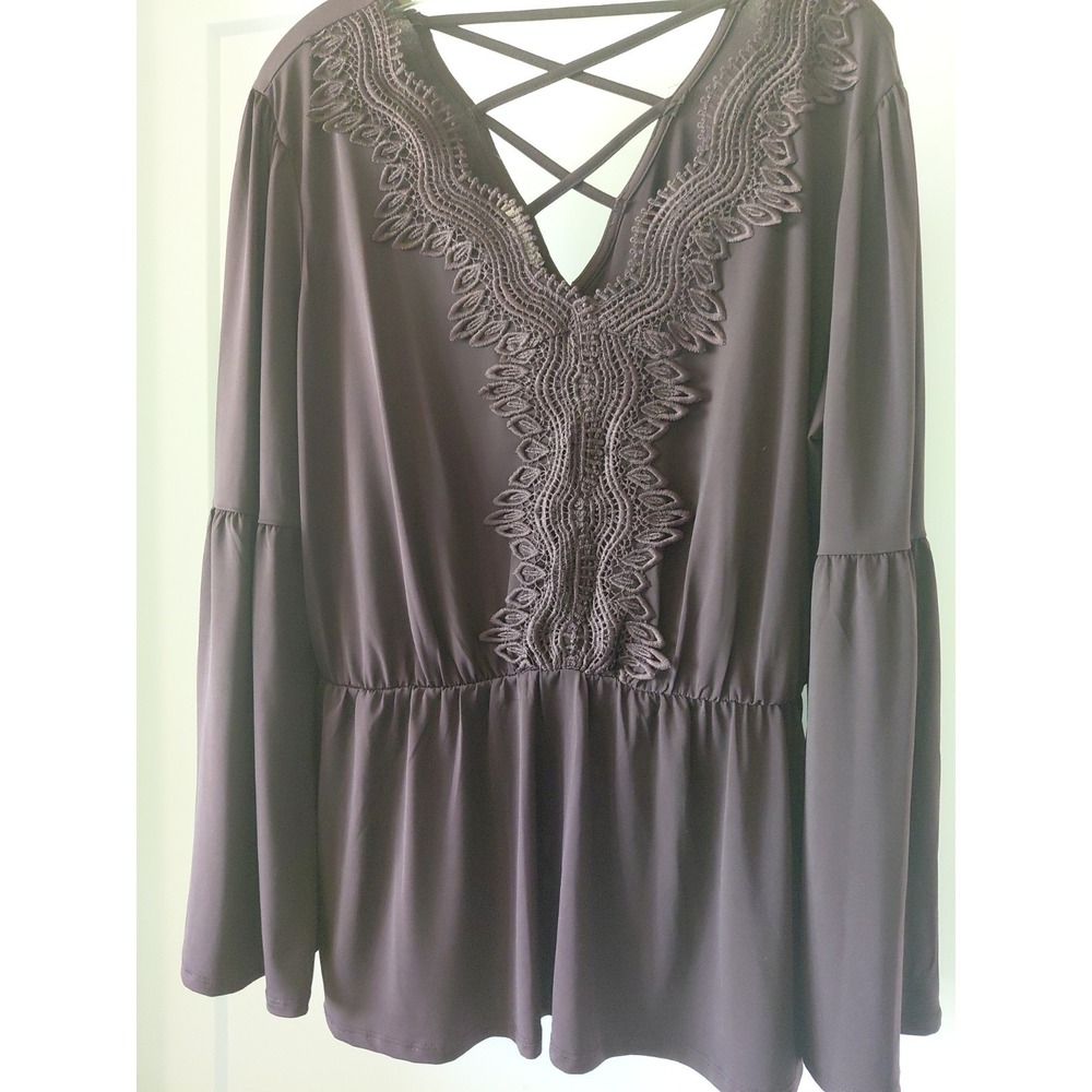 Maurices Peplum Blouse Purple Bohemian Crochet Lace Bell Sleeve Women Sz XL Y2K